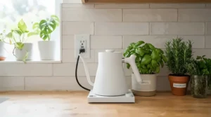 Styling a matte white variable temperature gooseneck kettle in a bright, modern suburban kitchen setting.