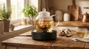 Steeping delicate green tea using precise heat settings on a modern variable temperature gooseneck kettle.