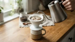 A close-up of a variable temperature gooseneck kettle being used for a morning pour-over coffee ritual in a cozy kitchen.